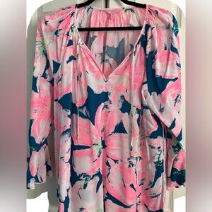 Lilly Pulitzer Willa Flounce Sleeve Top in the Tidal Wave Pans Garden print.